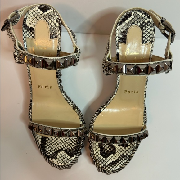 CHRISTIAN LOUBOUTIN CATACLOU STUDDED SNAKE PRINT ESPADRILLE WEDGES SIZE 37 - Picture 3 of 9
